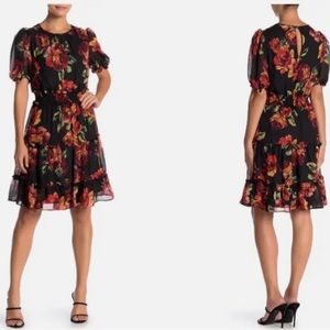 Julia Jordan Dark Red Floral Smocked Ruffle Dress